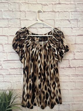 Style & Co. Taupe and Black Animal Print Short Sleeve Blouse